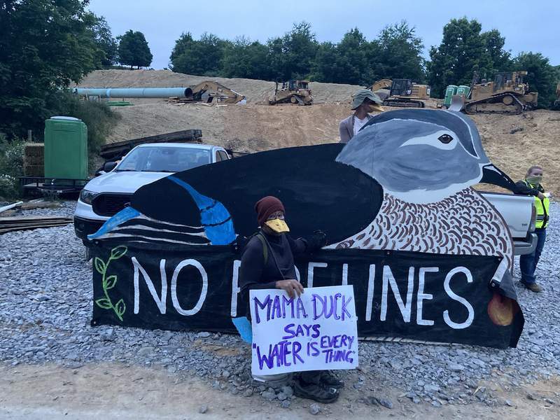Four arrested following protest with 8-ft. tall wooden duck that blocked pipeline entrance