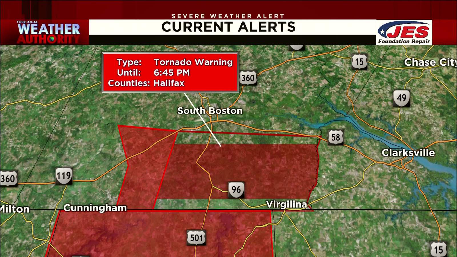 Tornado warning extended into Halifax County