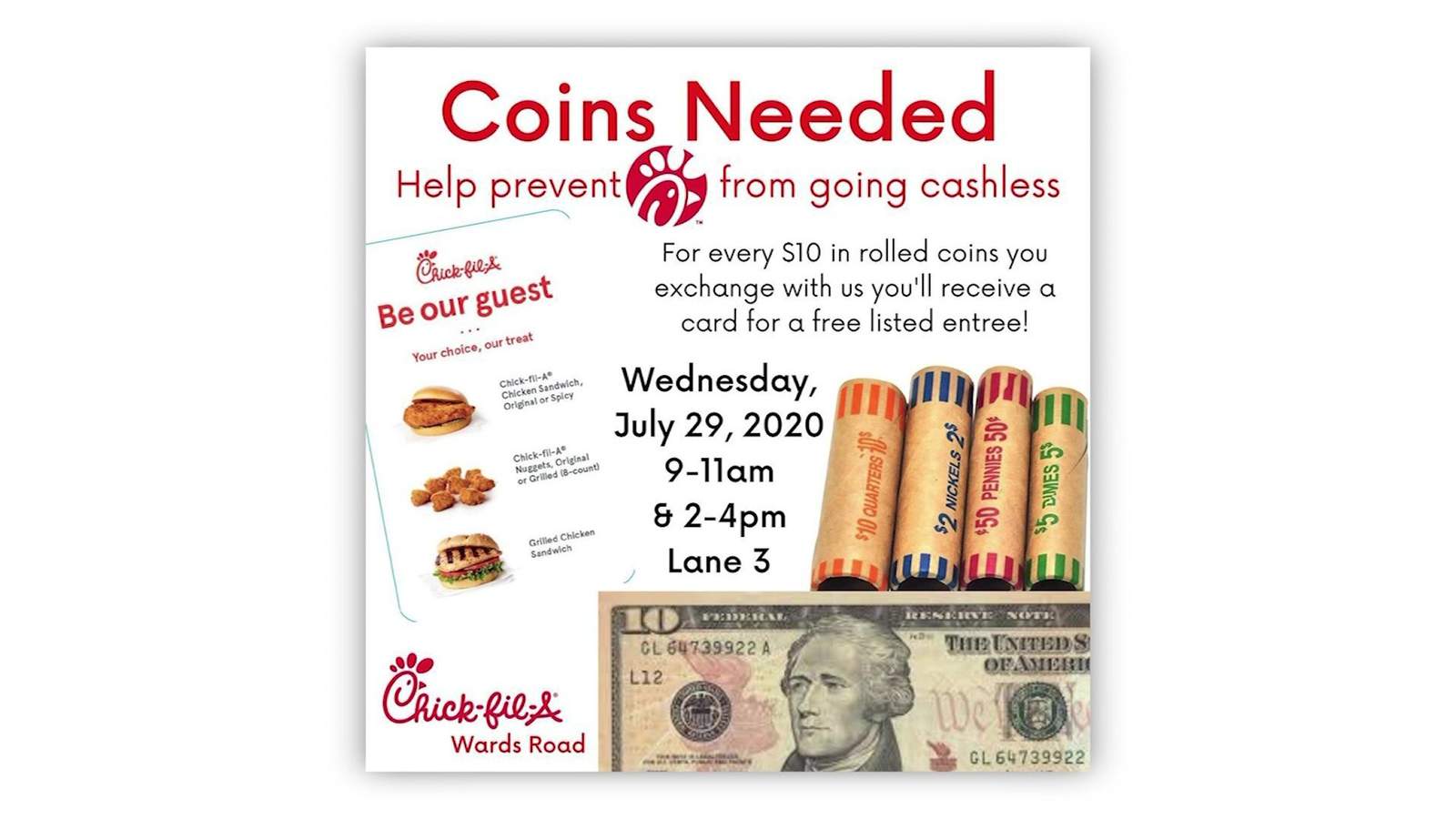 Exchange coins for cash, get a free Chick-fil-A entree in Lynchburg