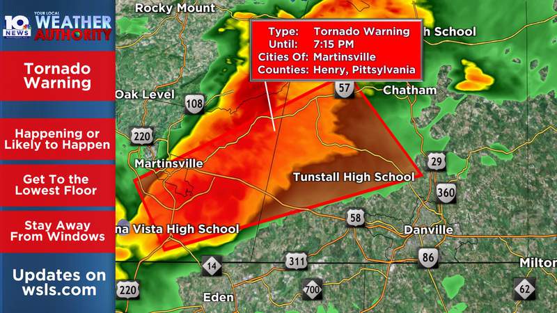 Tornado warning issued for Martinsville, parts of Henry and Pittsylvania counties