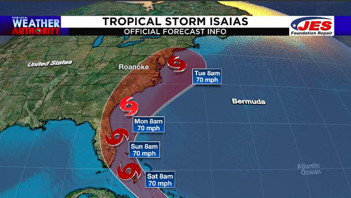 NEW THIS MORNING: Tropical Storm Isaas continues its track towards the east coast