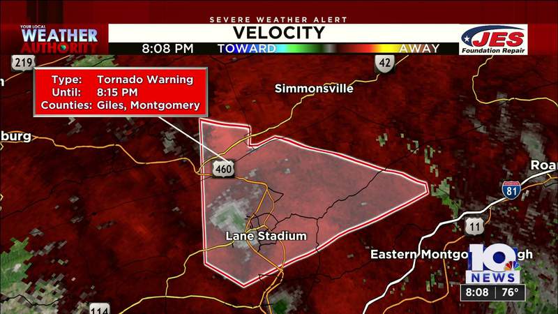 Tornado Warning issued for parts of Montgomery and Giles counties, including Blacksburg