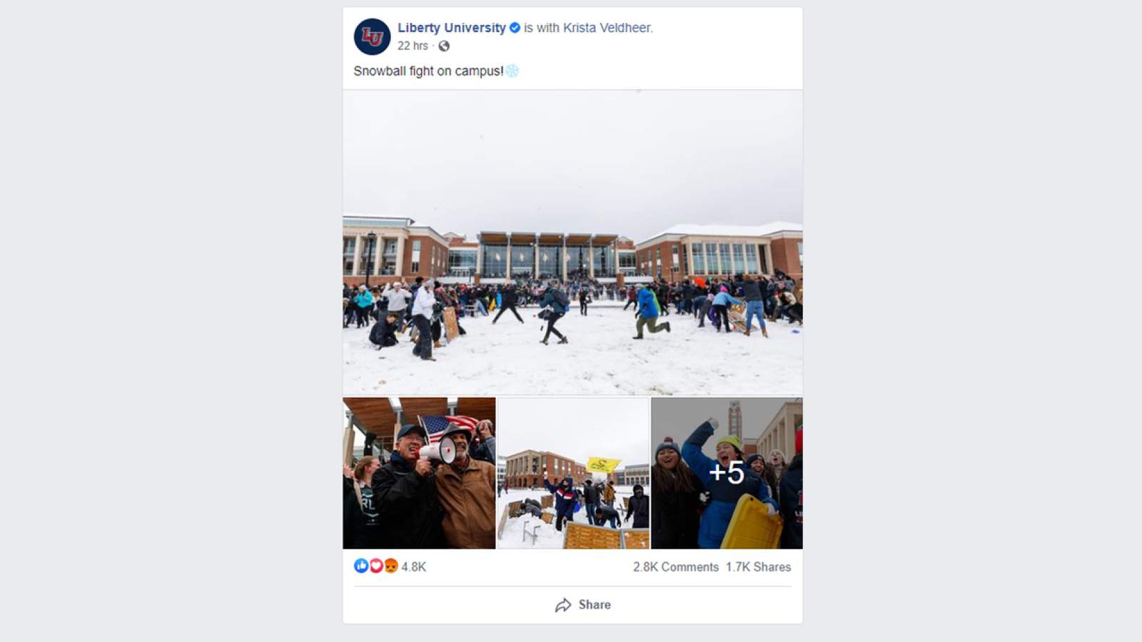 Liberty University receives written warning from health department after campus-wide snowball fight