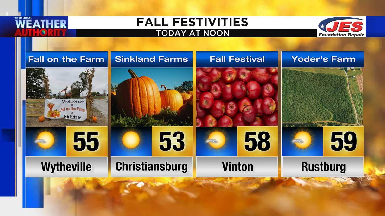 Sunny and cool weather reigns as you enjoy fall festivities this weekend!