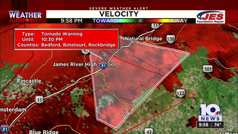 Tornado warning issued for parts of Botetourt, Bedford and Rockbridge counties