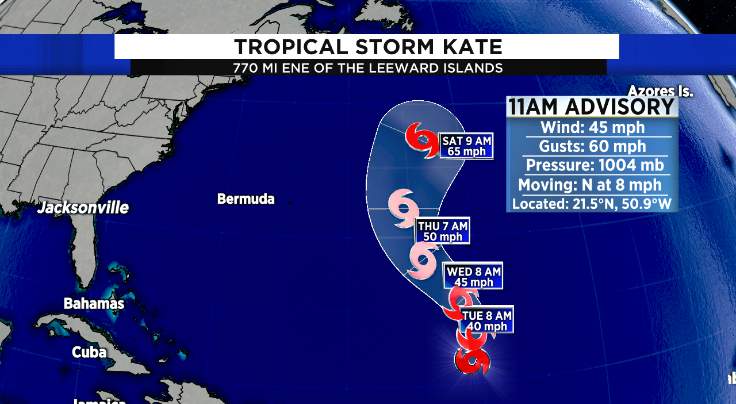 Tropical Storm Kate forms in Atlantic; no threat to land